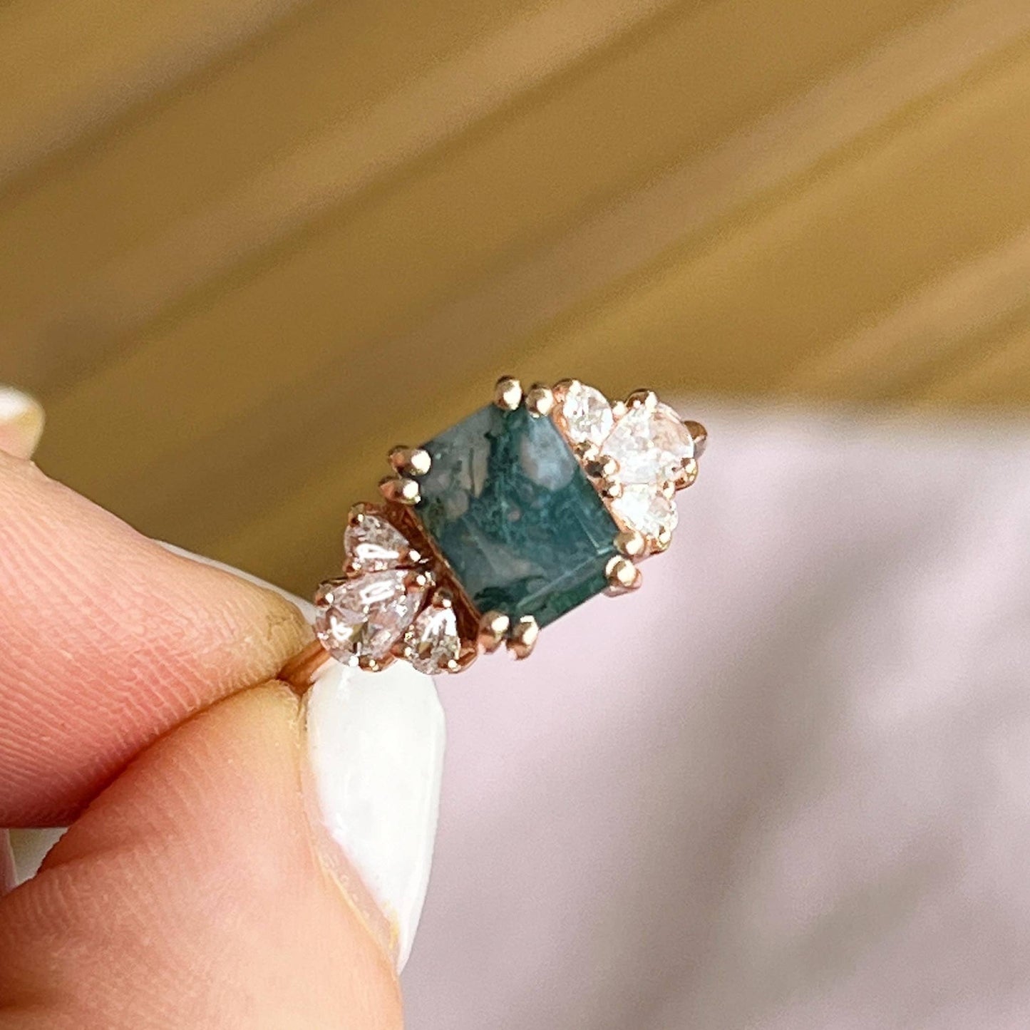 Moss Agate & Diamond Empress Ring - Rose Gold Filled