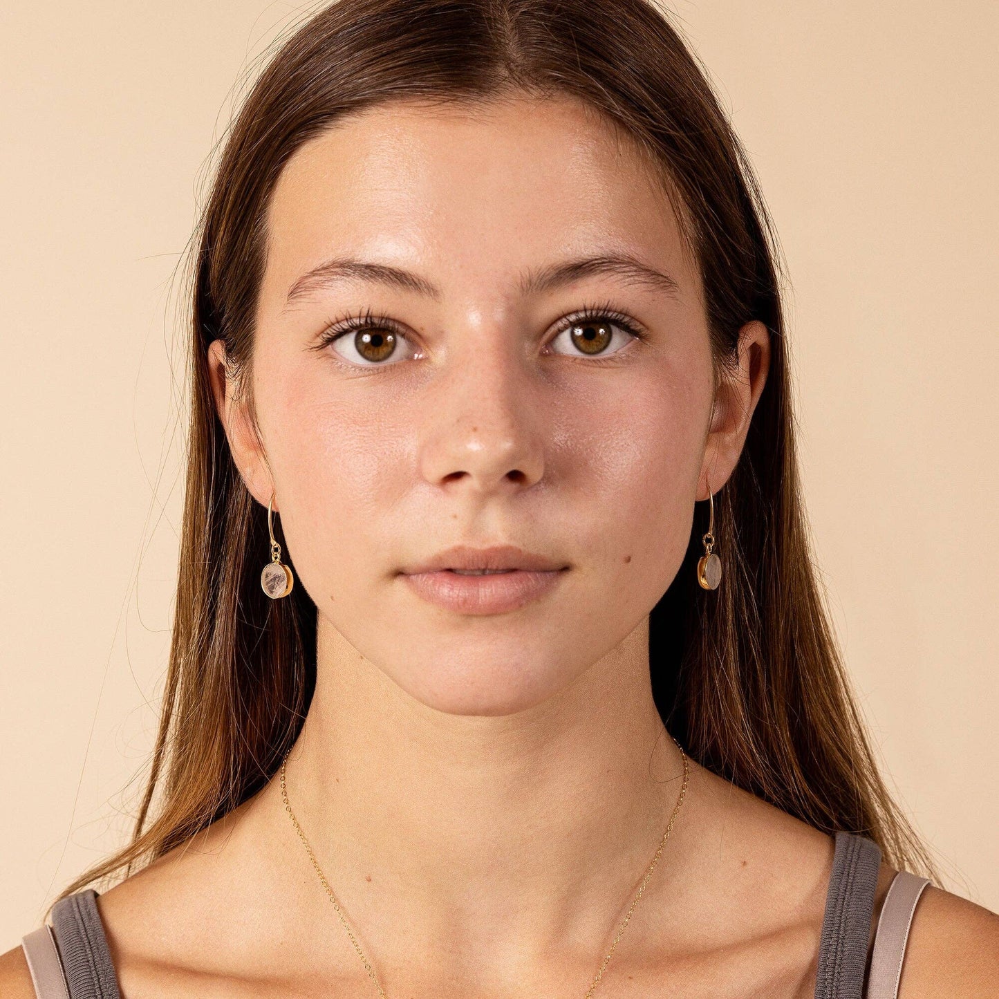 Moonstone Round Disc Gold Drop Earrings