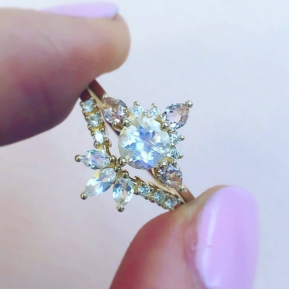 Solid Gold Rainbow Moonstone, Morganite and Diamond Unicorn