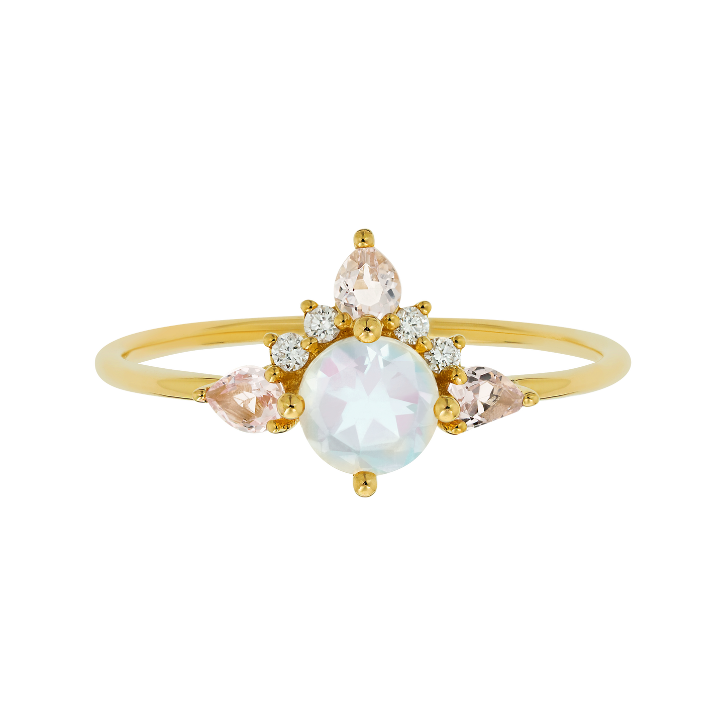 Solid Gold Rainbow Moonstone, Morganite and Diamond Unicorn