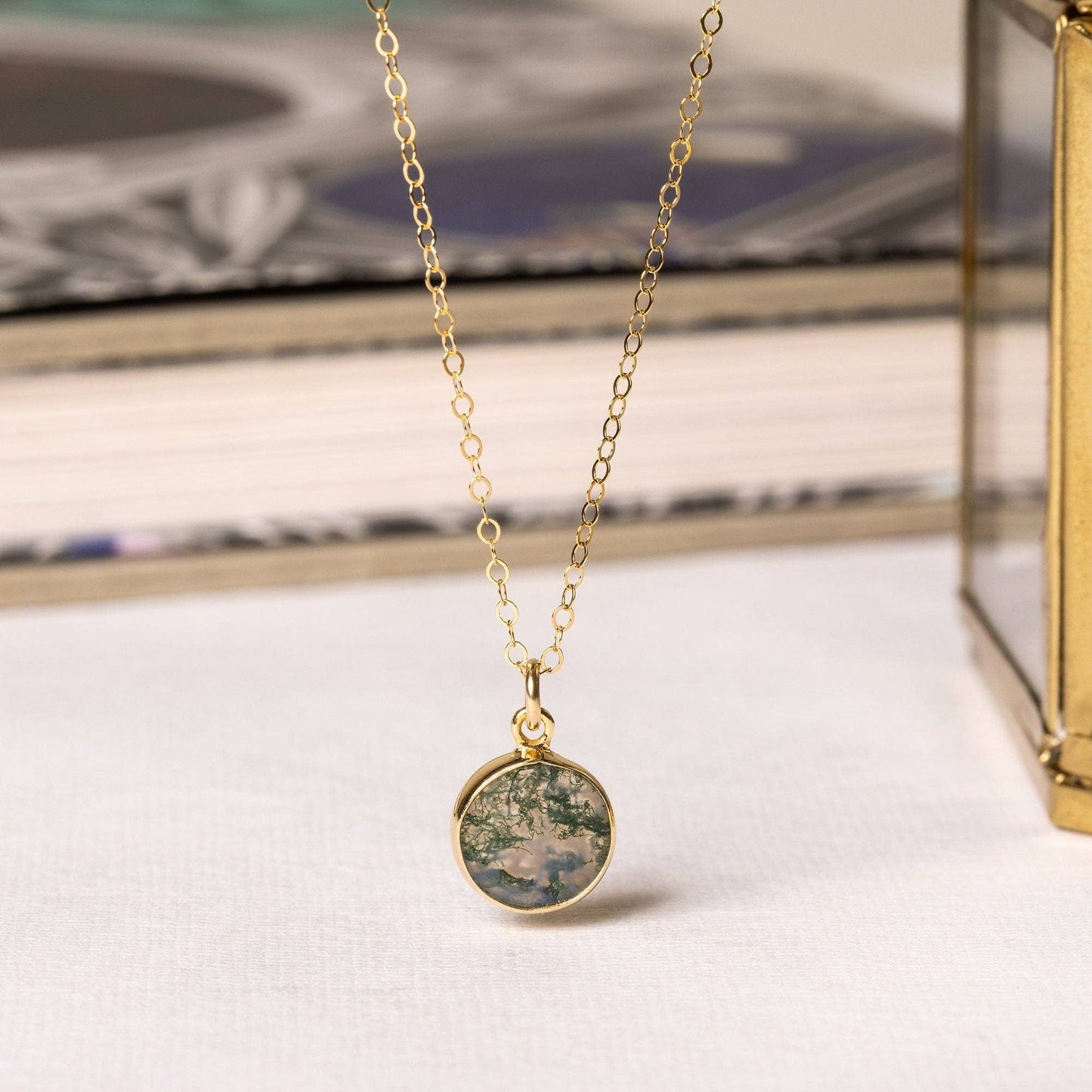 Moss Agate Disc Gold Necklace