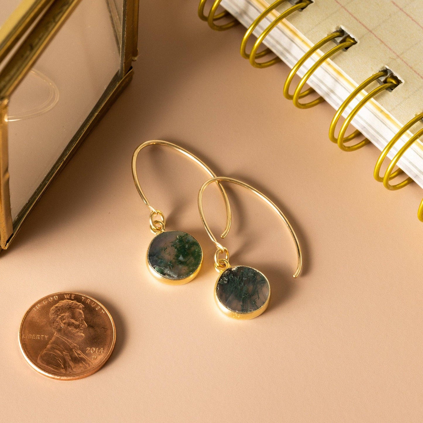 Moss Agate Round Disc Gold Drop Earrings