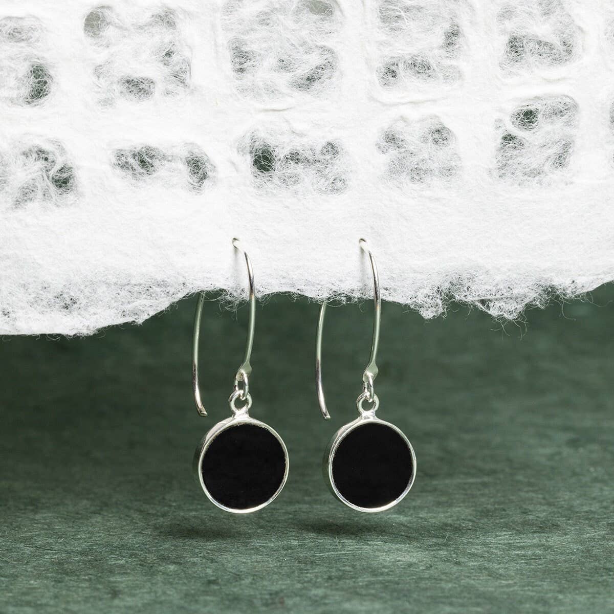 Black Onyx Round Disc Drop 925 Sterling Silver Long Earrings