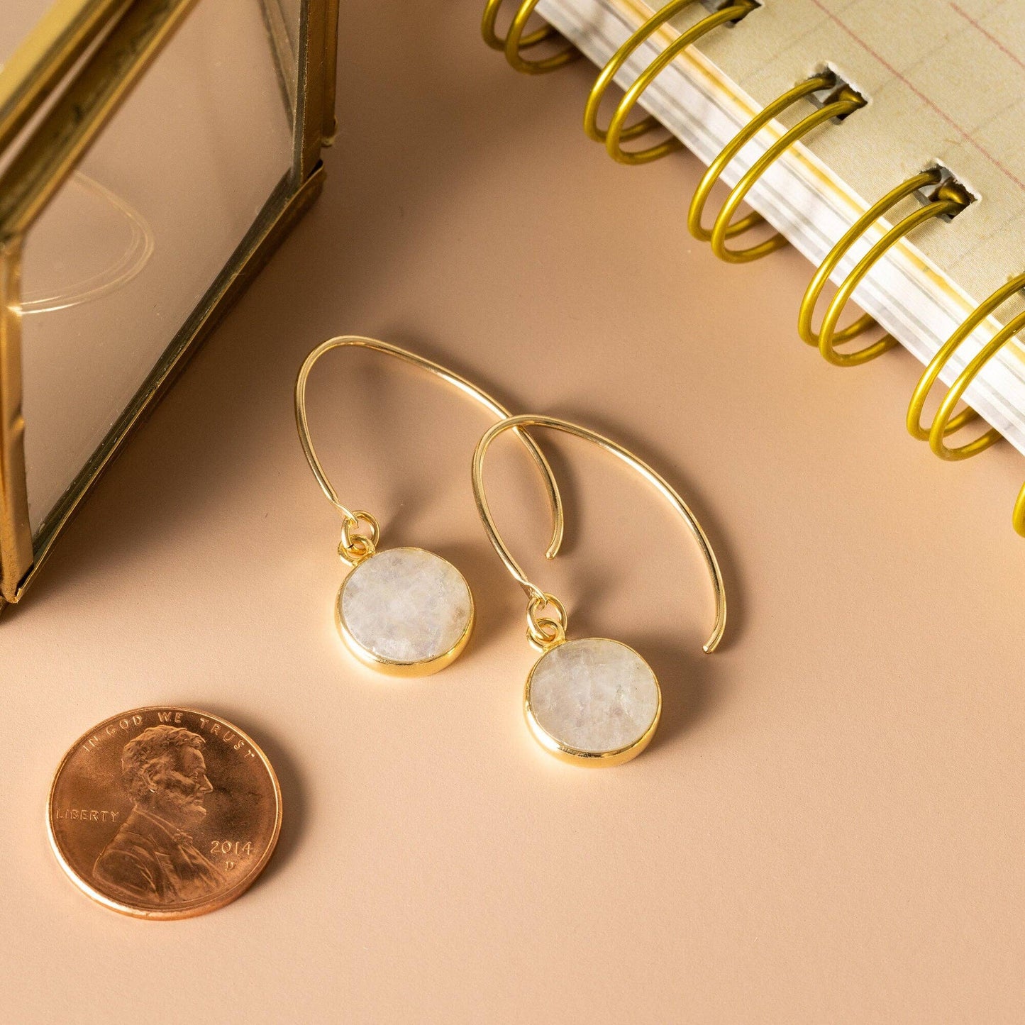 Moonstone Round Disc Gold Drop Earrings