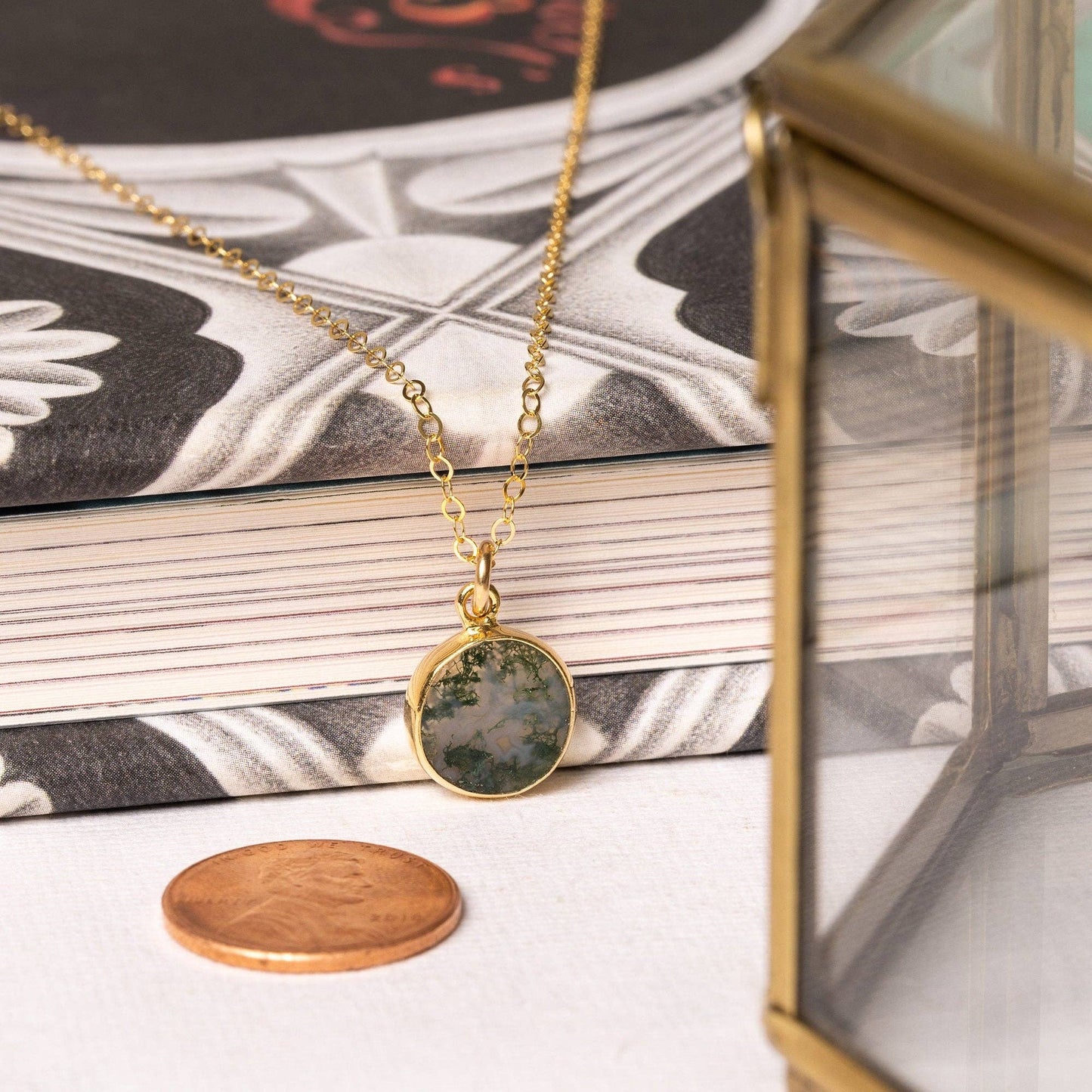 Moss Agate Disc Gold Necklace
