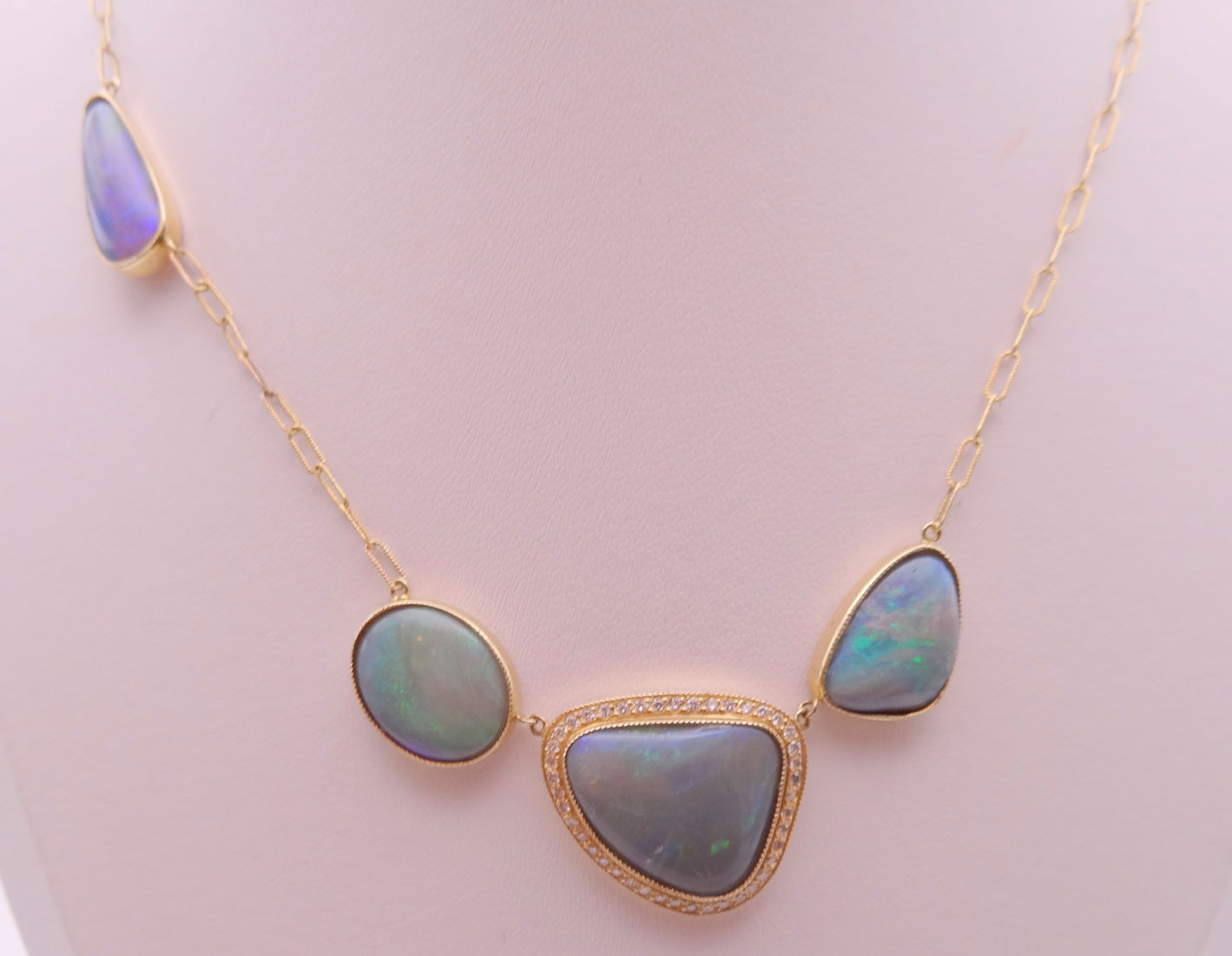 Black Opal Diamond Halo Necklace - 14KY Textured Paperclip Chain