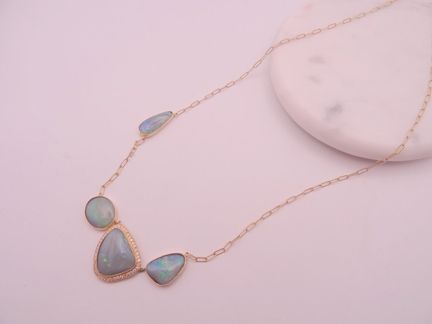 Black Opal Diamond Halo Necklace - 14KY Textured Paperclip Chain