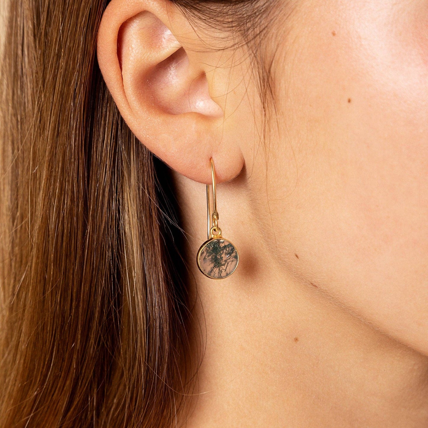 Moss Agate Round Disc Gold Drop Earrings