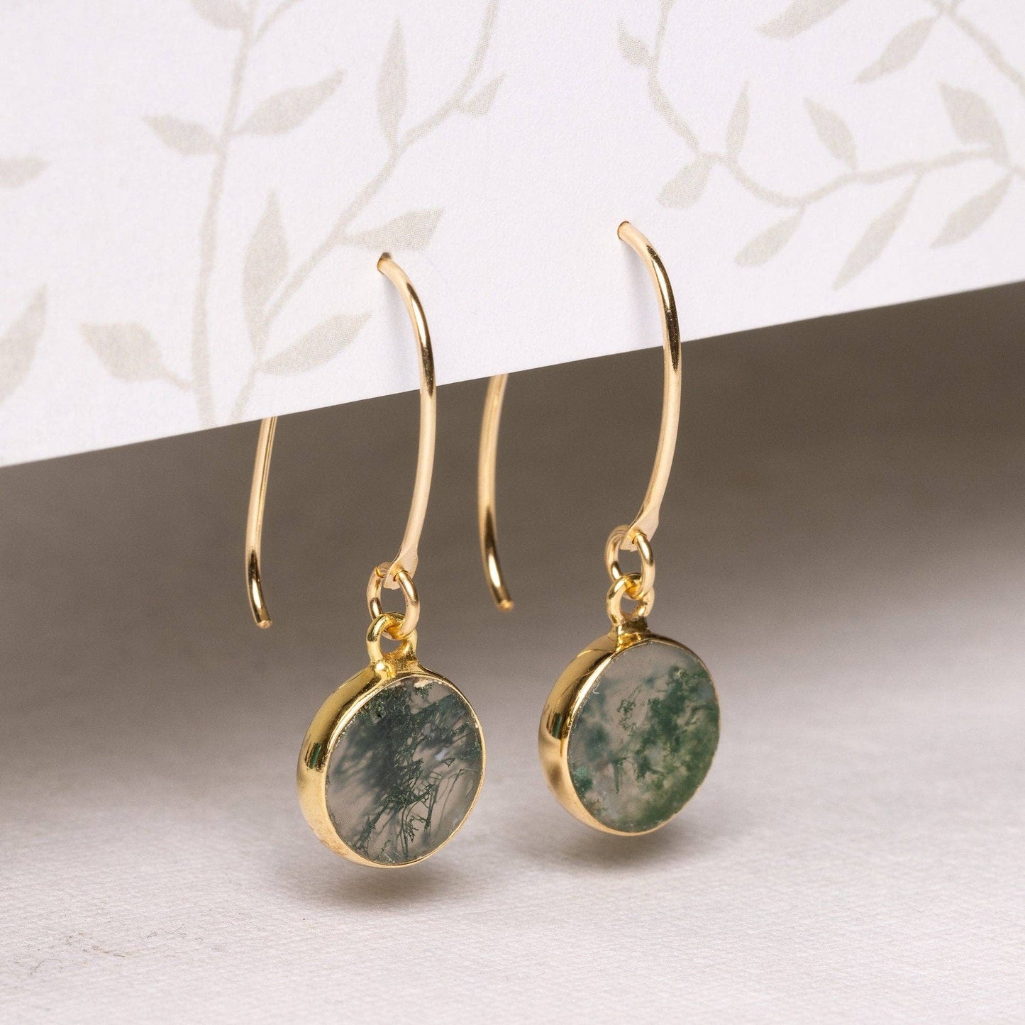 Moss Agate Round Disc Gold Drop Earrings