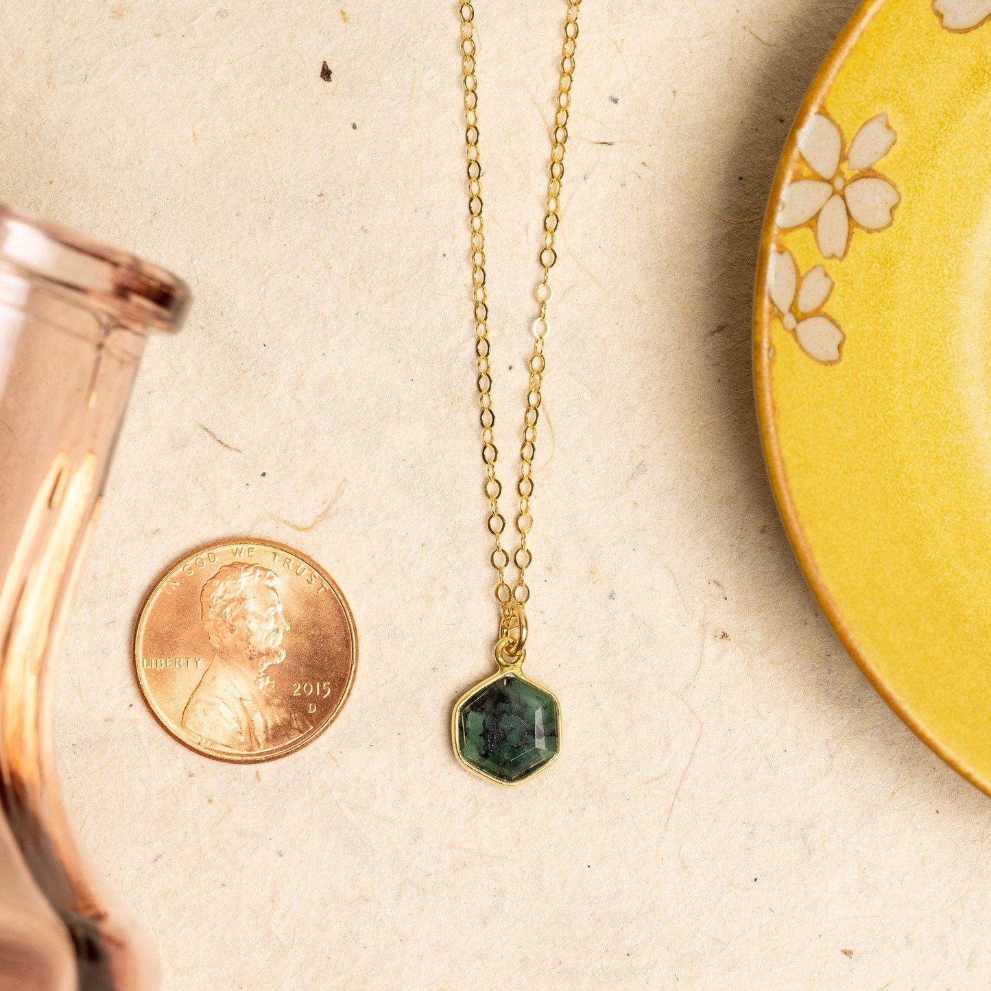 Emerald Hexagon Pendant Gold Necklace