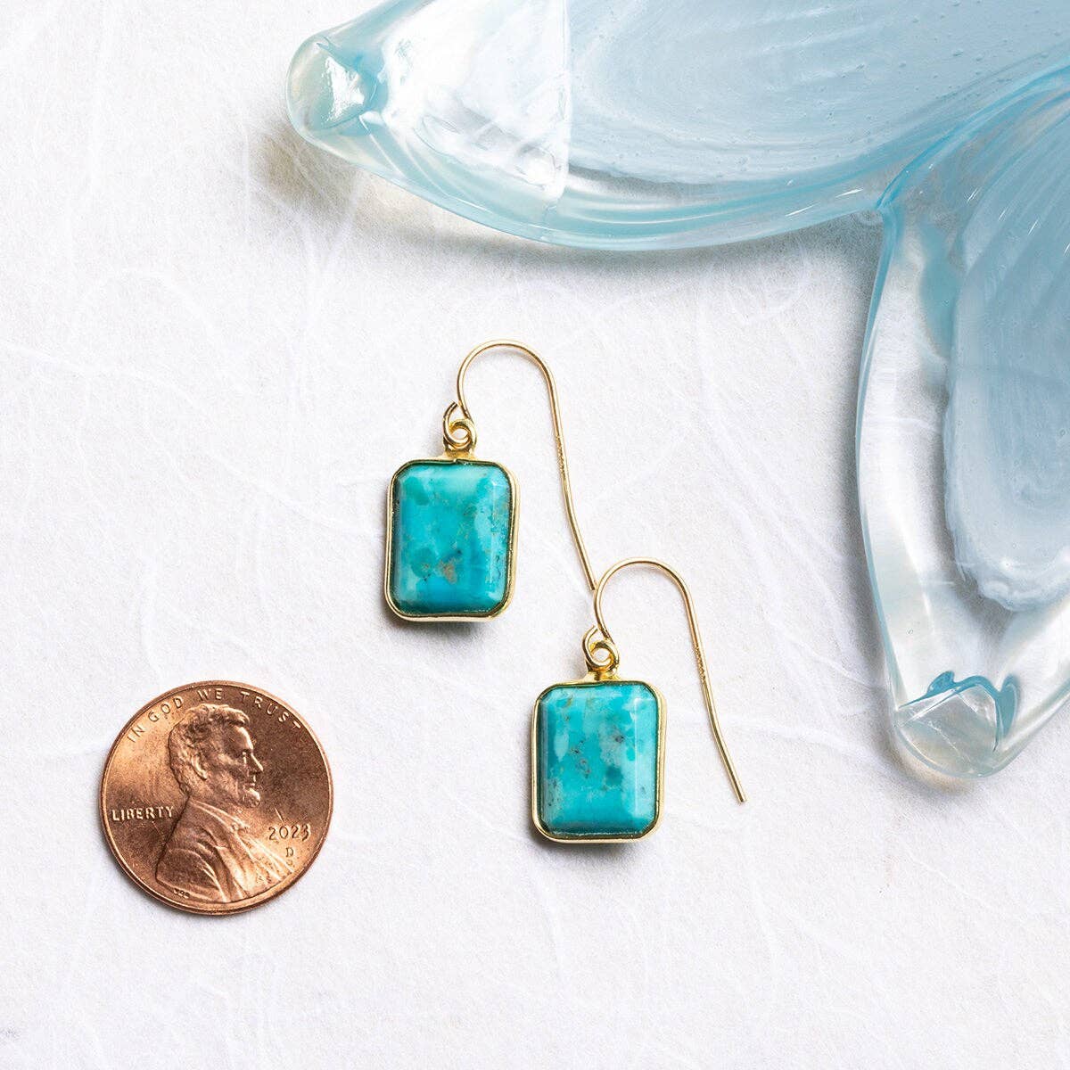 Turquoise Emerald Cut Drop Earrings 14k Gold Filled