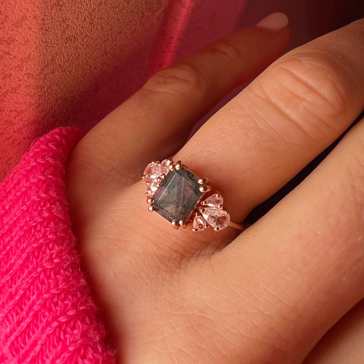 Moss Agate & Diamond Empress Ring - Rose Gold Filled