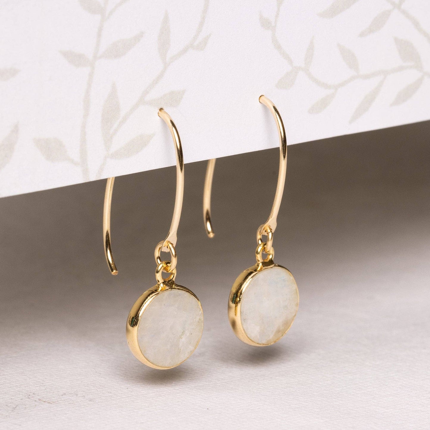 Moonstone Round Disc Gold Drop Earrings