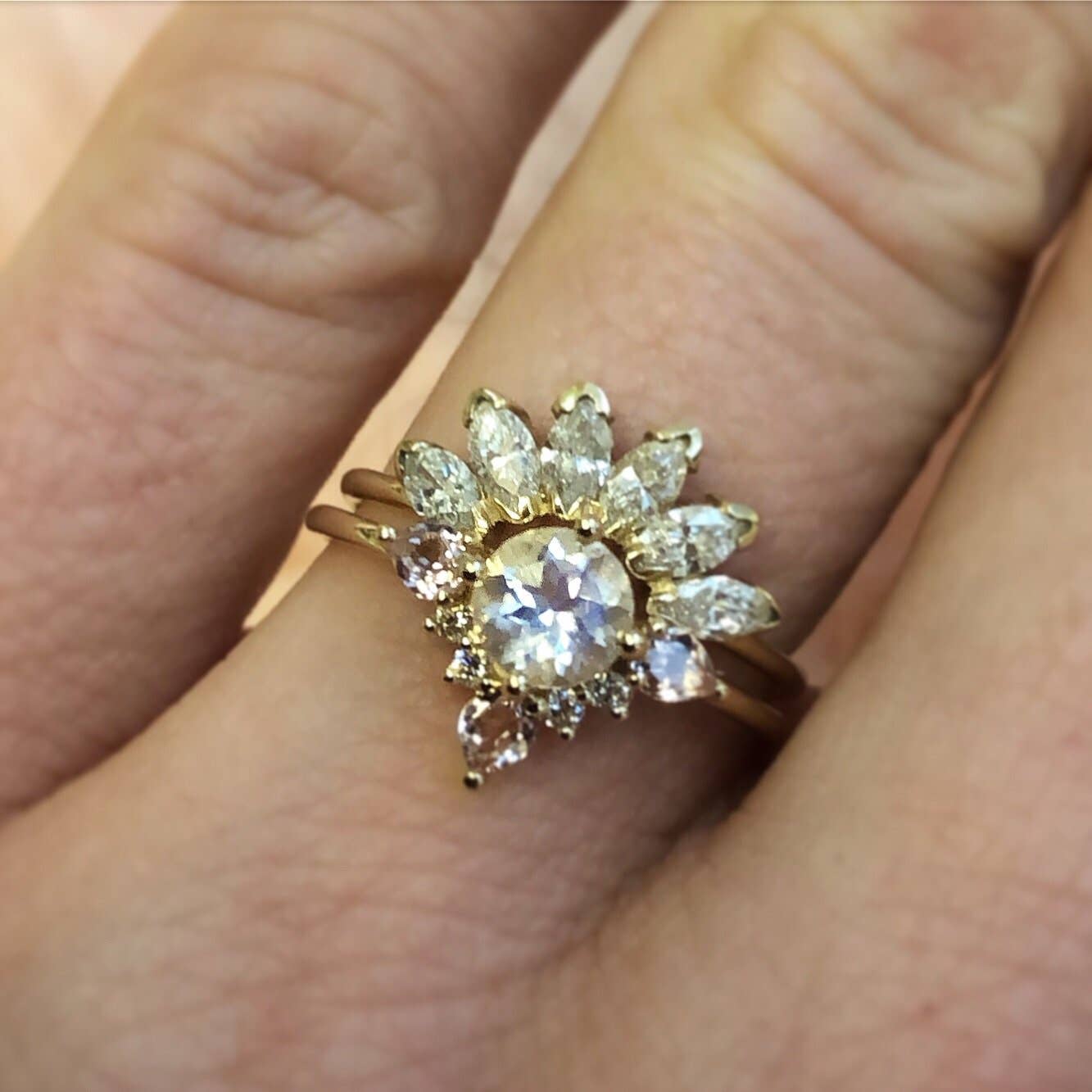 Solid Gold Rainbow Moonstone, Morganite and Diamond Unicorn