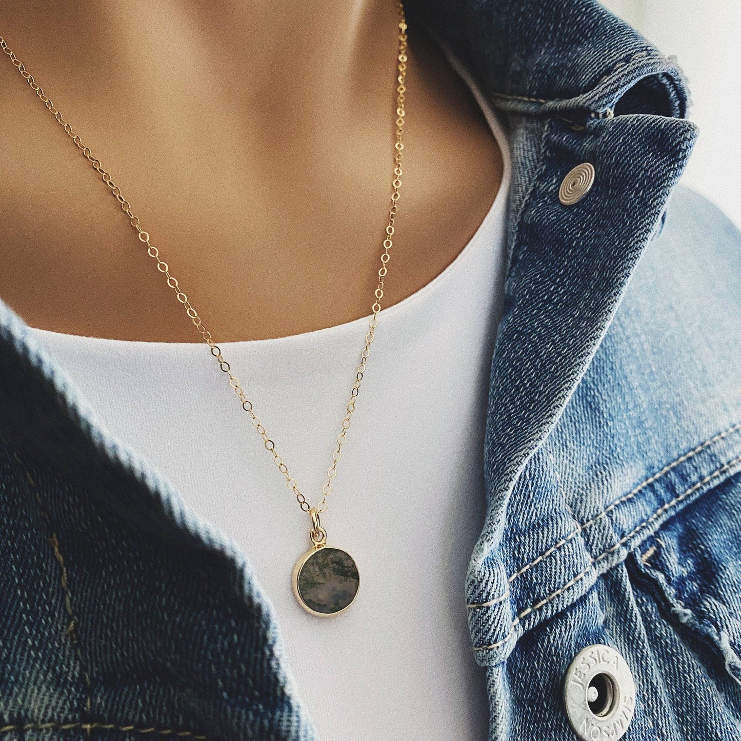 Moss Agate Disc Gold Necklace