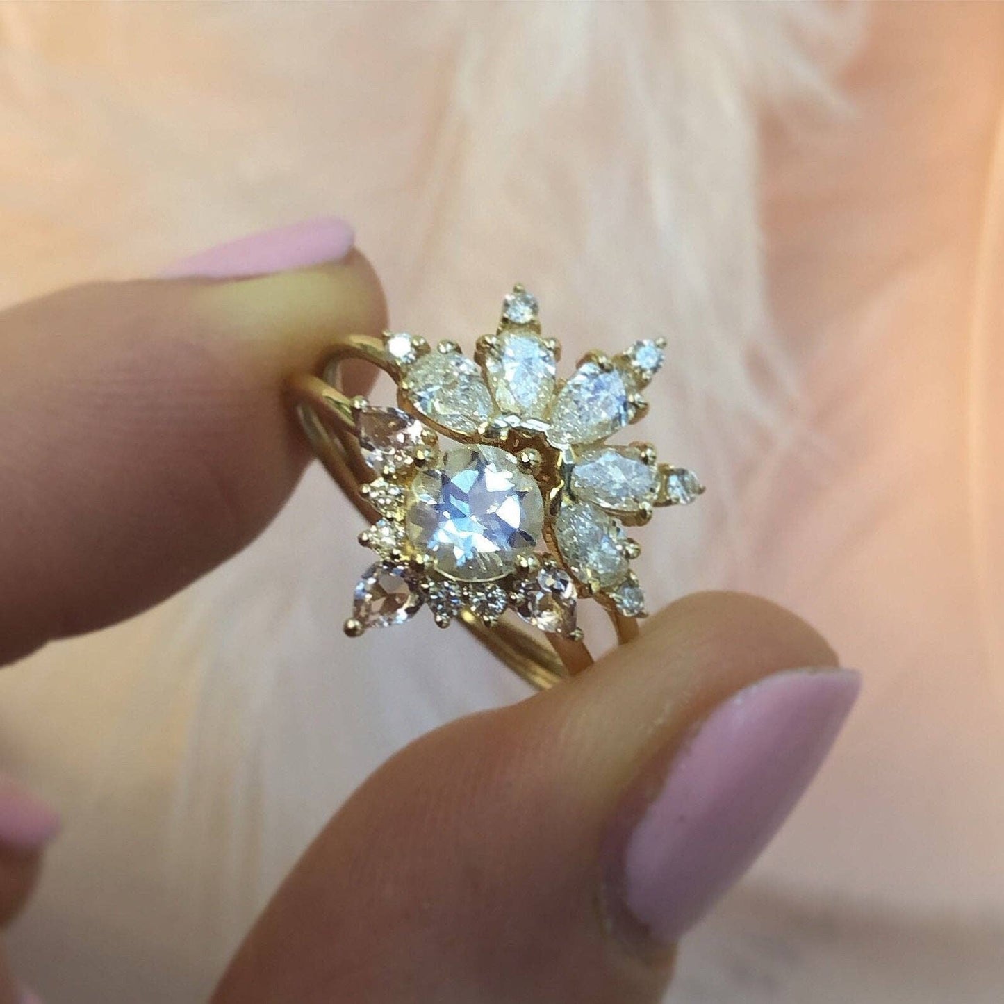 Solid Gold Rainbow Moonstone, Morganite and Diamond Unicorn