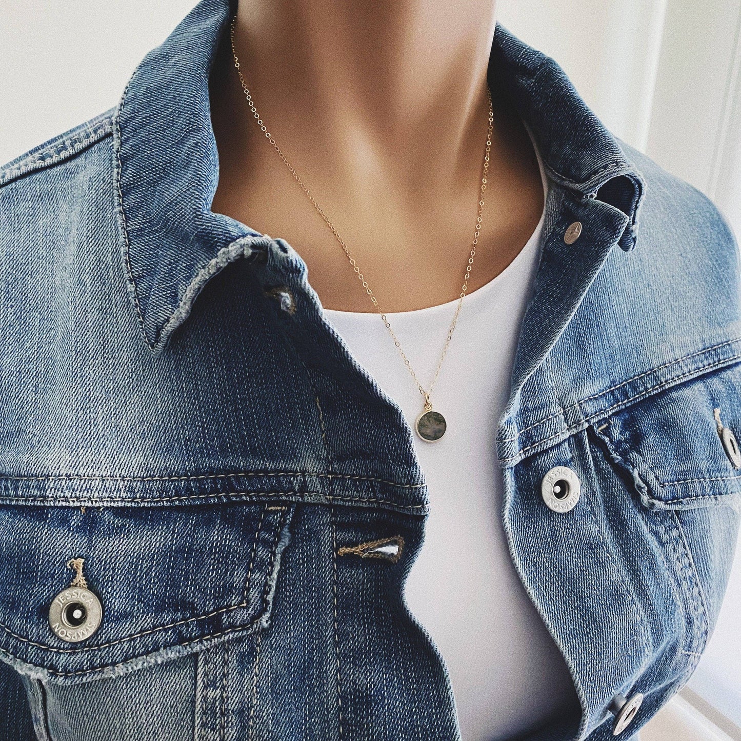 Moss Agate Disc Gold Necklace
