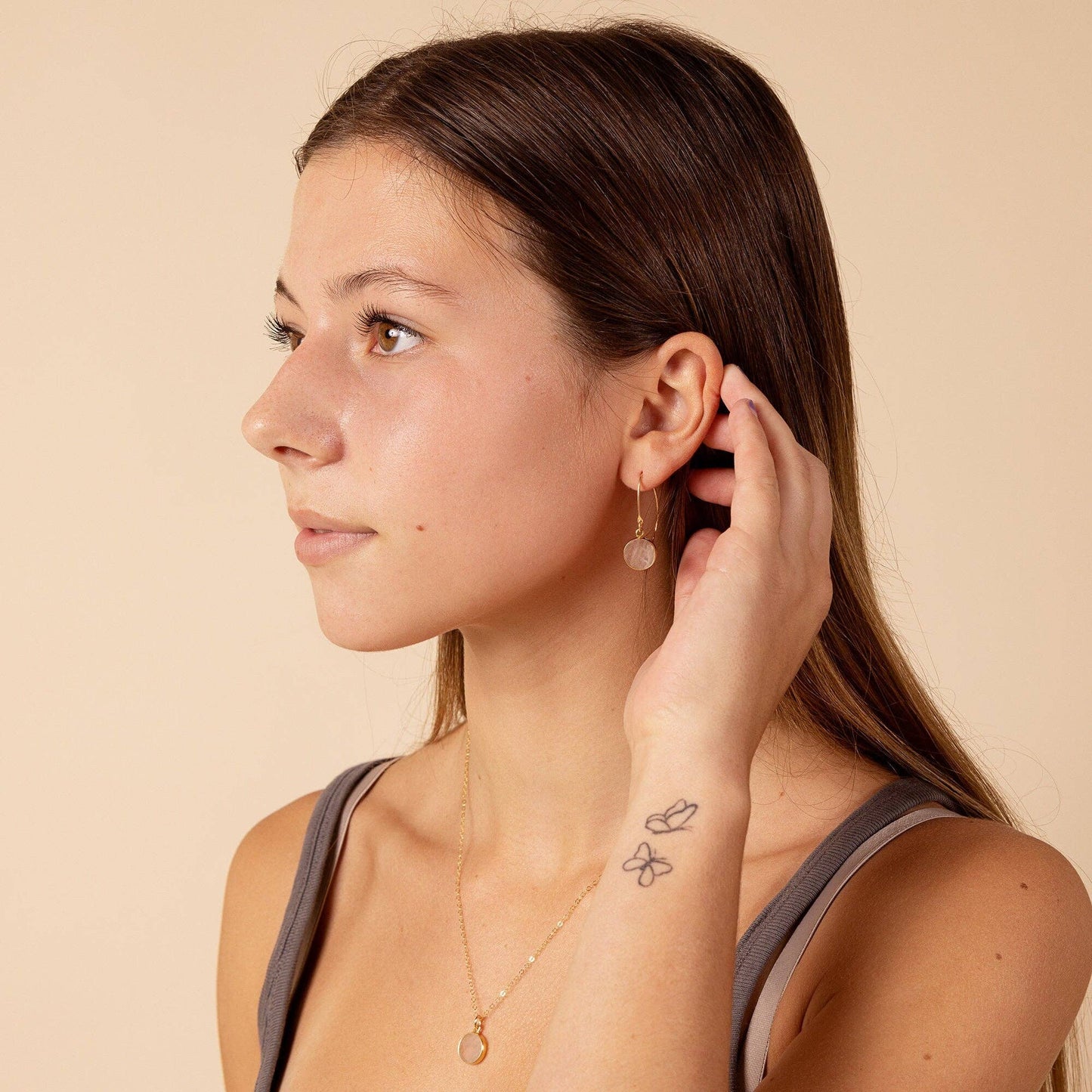Moonstone Round Disc Gold Drop Earrings