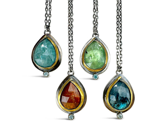 Kyanite Teardrop Necklaces - Green Kyanite with 24K Accent - 16-18"