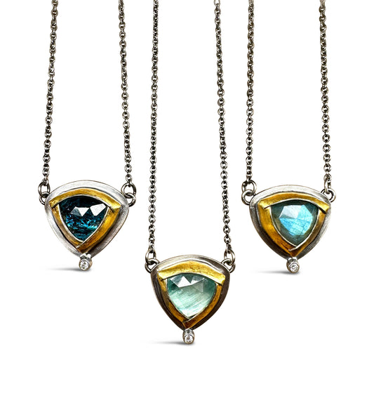 Labradorite Tri Fold Necklace Sterling Silver with Diamond - 24K Accent