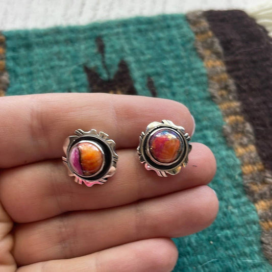 Navajo Pink Earrings Sterling Silver Circle Post