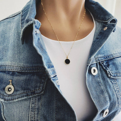 Black Obsidian Small Round Disc Gold Circle Necklace
