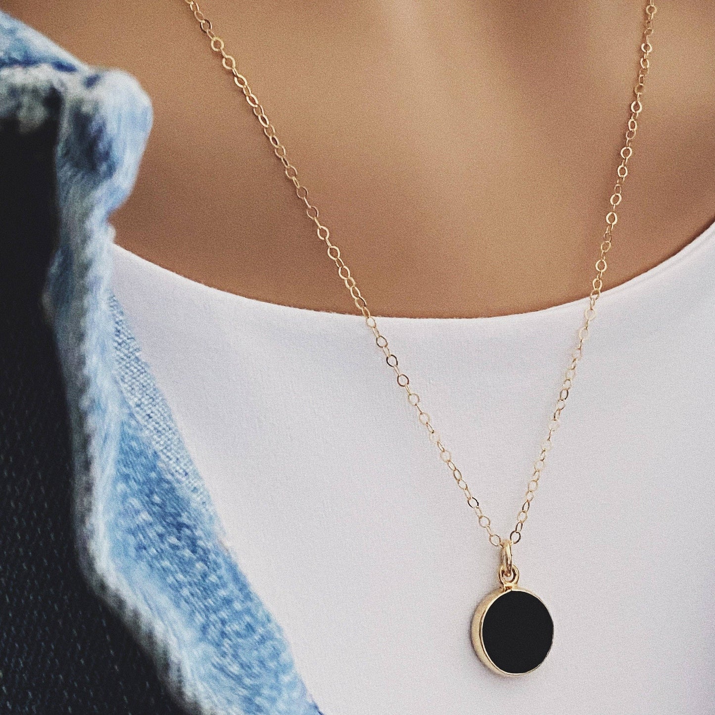 Black Obsidian Small Round Disc Gold Circle Necklace