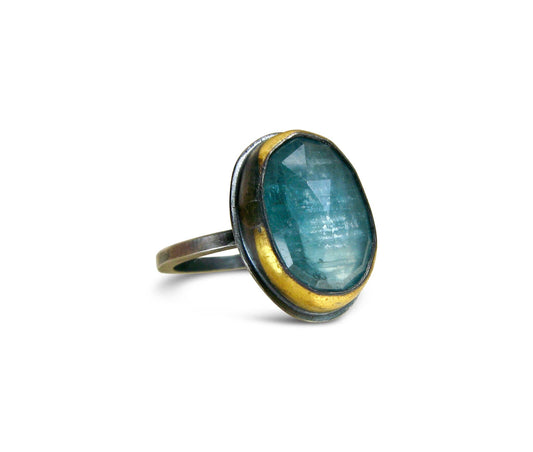 Kyanite Ring Sterling Silver Oxidized with 24K Wrap Bezel