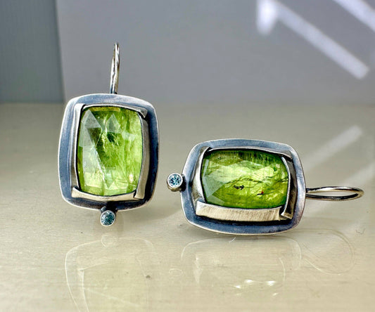 Kyanite Rectangle Earrings - Green Kyanite - Sterling Silver Oxidized