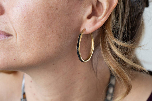Black Spinel Hoop Groove Earrings in Vermeil