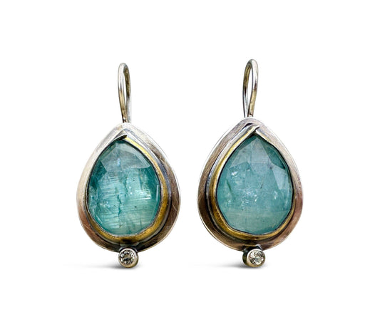Kyanite Teardrop Rim Earrings - Teal Blue - Sterling Silver and 24K Accent