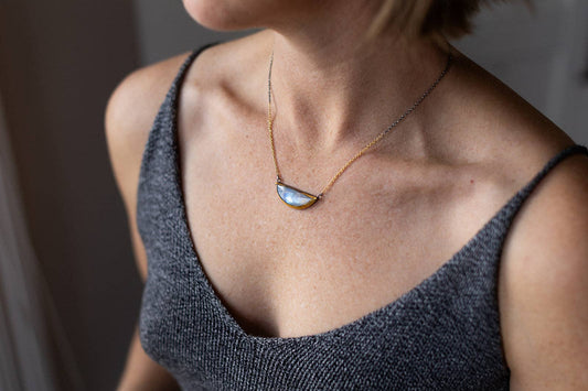 Moonstone Crescent Necklace - Sterling Silver Oxidized 24K Accents - 16-18"