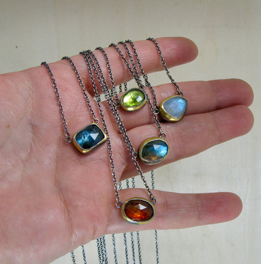 Sterling Silver Necklace - Peridot or Kyanite - 24K Gold Accent - 16-18"