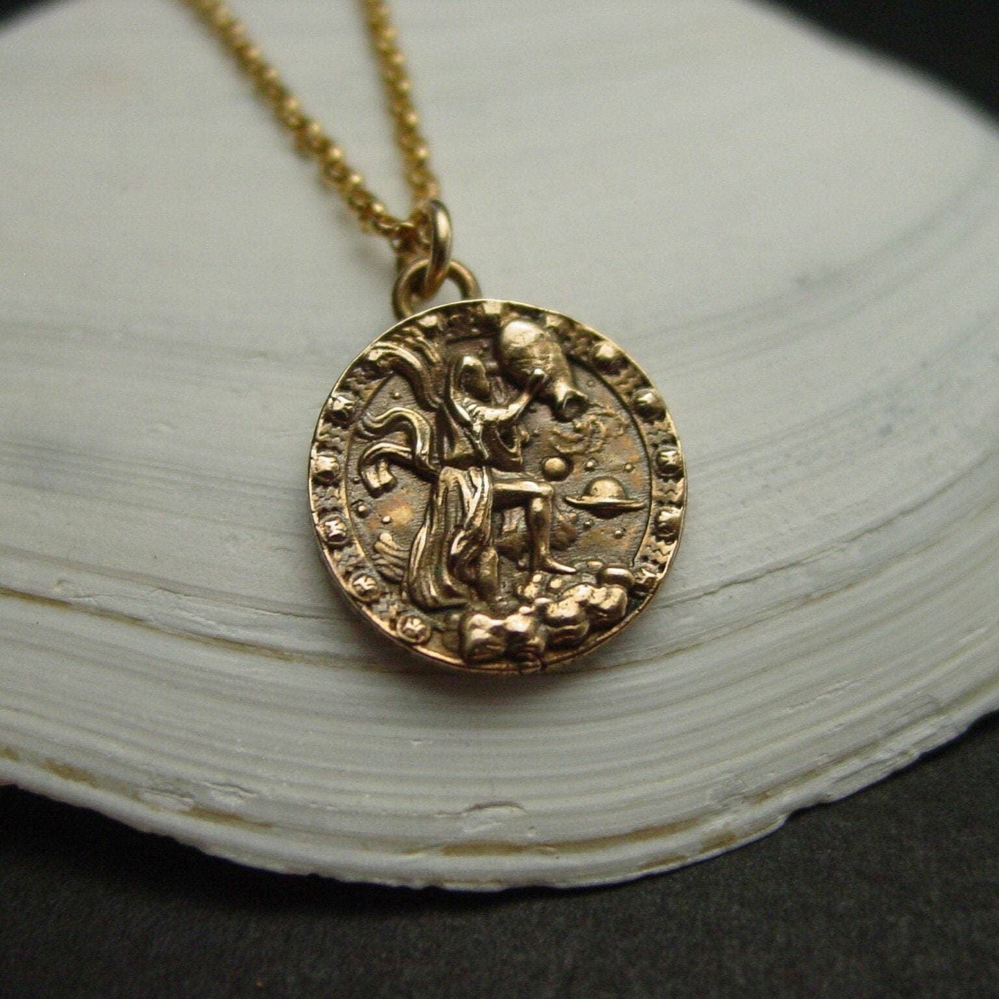 Zodiac Aquarius Necklace - Hand Carved Lost Wax Bronze