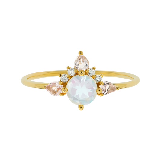 Solid Gold Rainbow Moonstone, Morganite and Diamond Unicorn