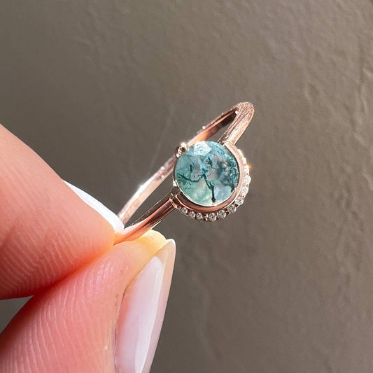 9kt Rose Gold Diamond and Moss Agate Celestial Sky Ring