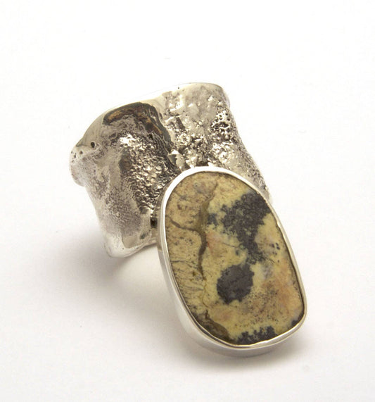 Sterling Silver Ring Reticulated with Yellow Agate