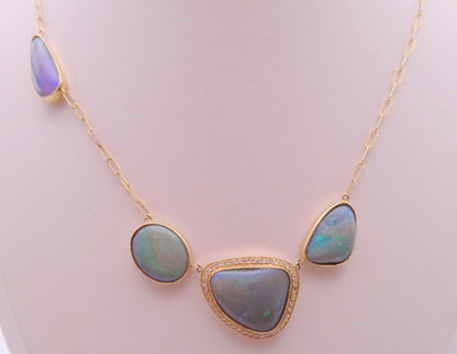 Black Opal Diamond Halo Necklace - 14KY Textured Paperclip Chain