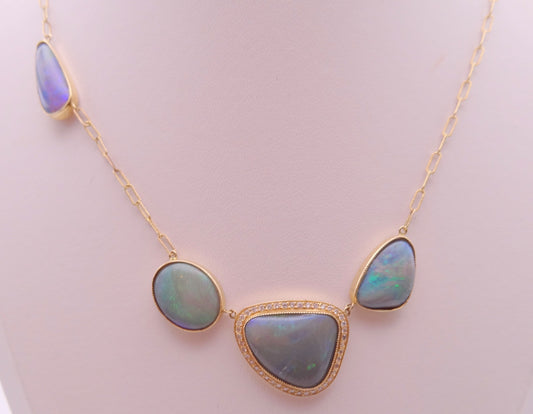 Black Opal Diamond Halo Necklace - 14KY Textured Paperclip Chain