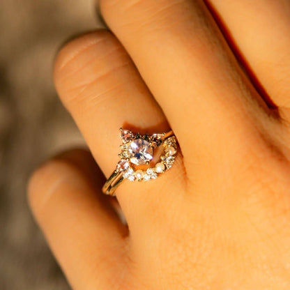 Solid Gold Rainbow Moonstone, Morganite and Diamond Unicorn