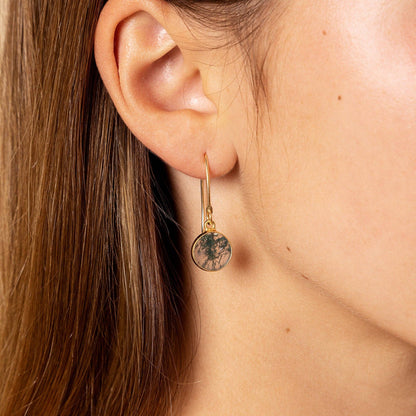 Moss Agate Round Disc Gold Drop Earrings