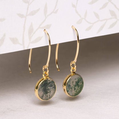 Moss Agate Round Disc Gold Drop Earrings