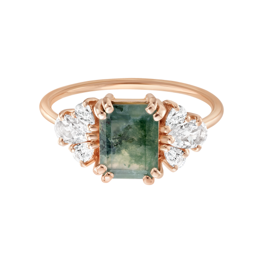 Moss Agate & Diamond Empress Ring - Rose Gold Filled