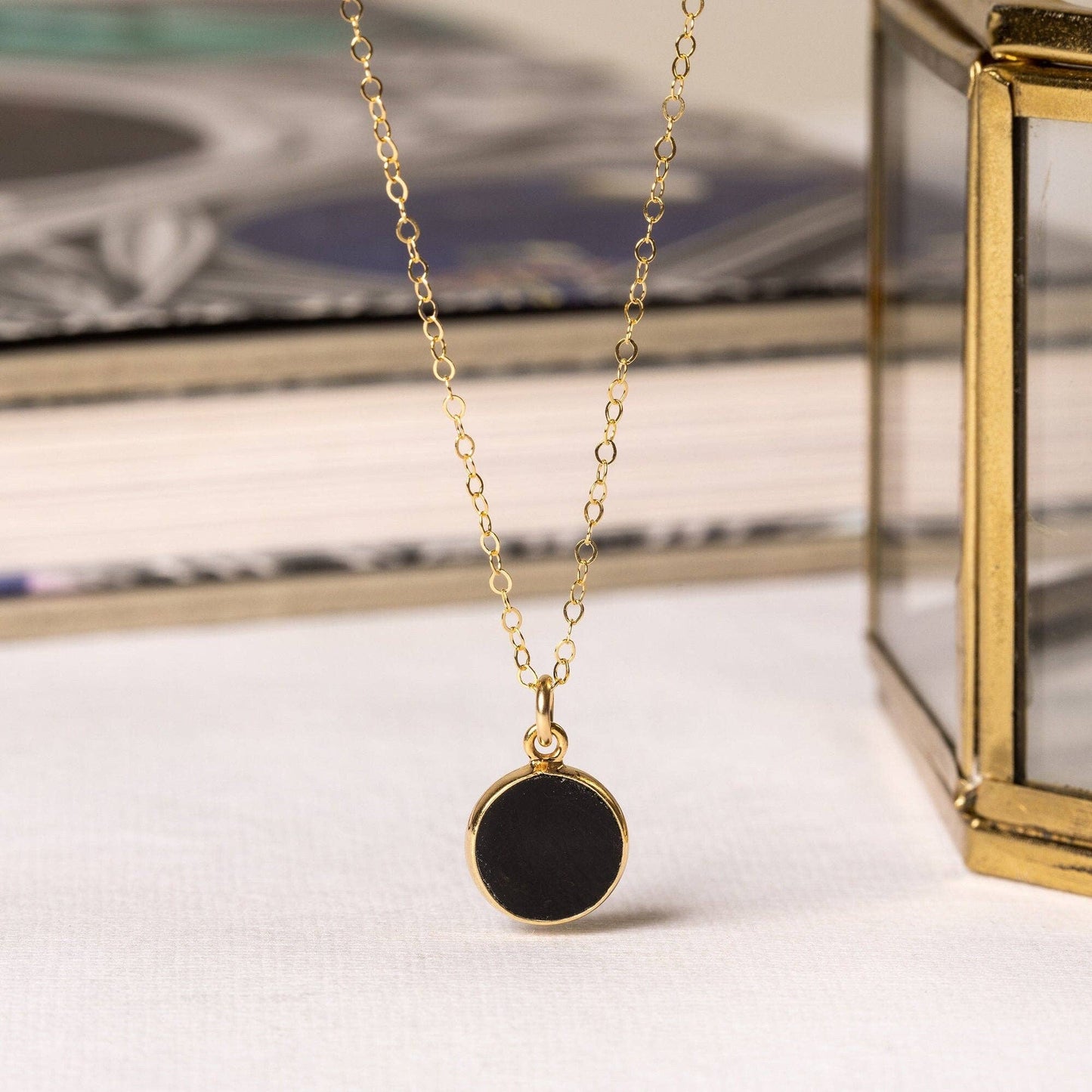 Black Obsidian Small Round Disc Gold Circle Necklace