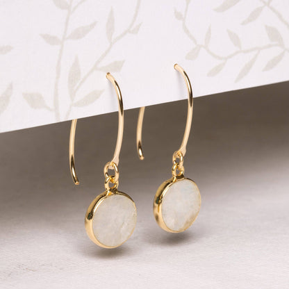 Moonstone Round Disc Gold Drop Earrings