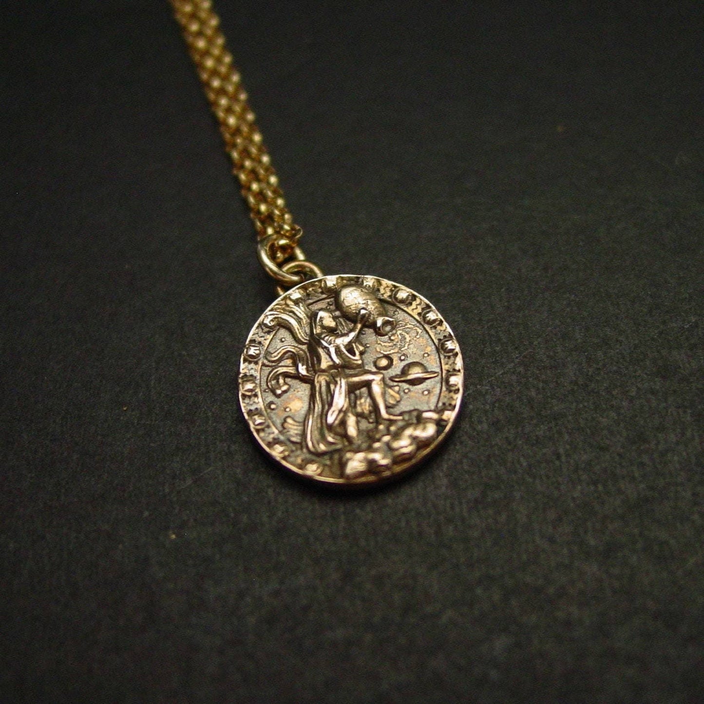 Zodiac Aquarius Necklace - Hand Carved Lost Wax Bronze