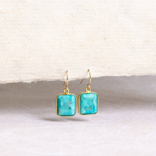 Turquoise Emerald Cut Drop Earrings 14k Gold Filled