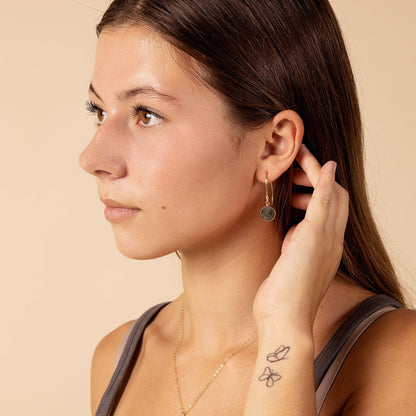 Moss Agate Round Disc Gold Drop Earrings